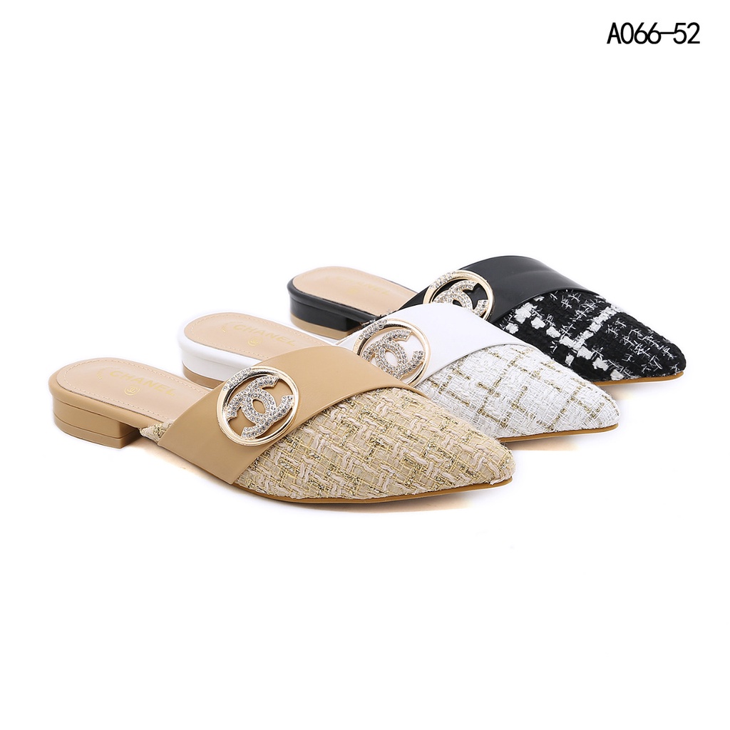 SEPATU WANITA BATAM IMPORT CHANEL TWEED MULES A066-52 KWALITAS SEMI PLATINUM