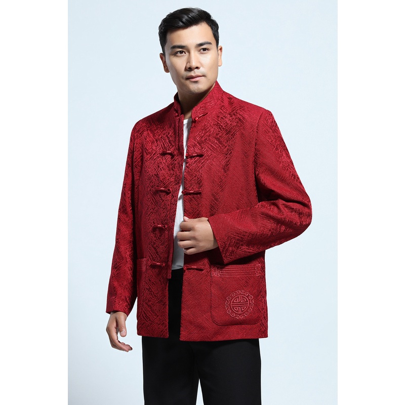 Cheongsam Merah Anggur Pria Lengan Panjang Hanfu Atasan Tang Kemeja Cowok