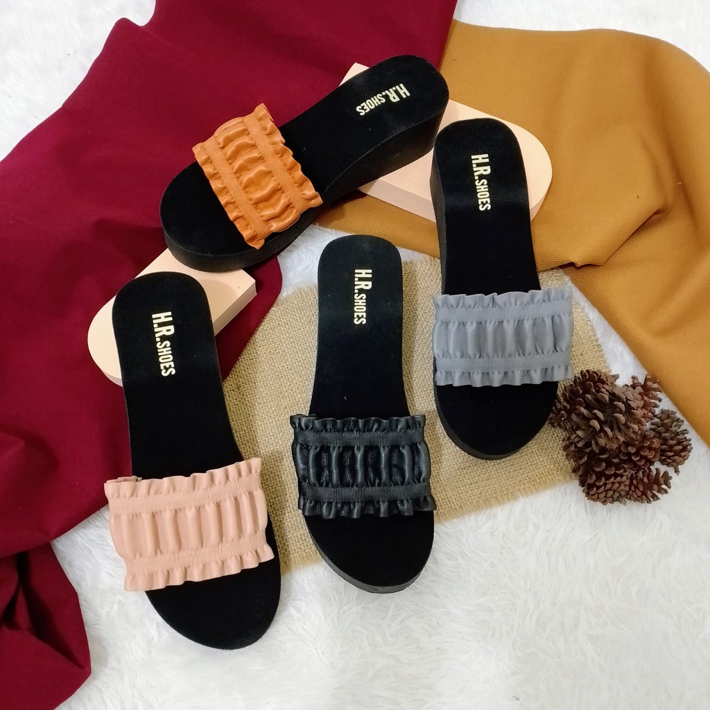 Sendal Selop Sepon Wedges Wanita Kokop Kerut Sandal Wanita Simpel - REGY