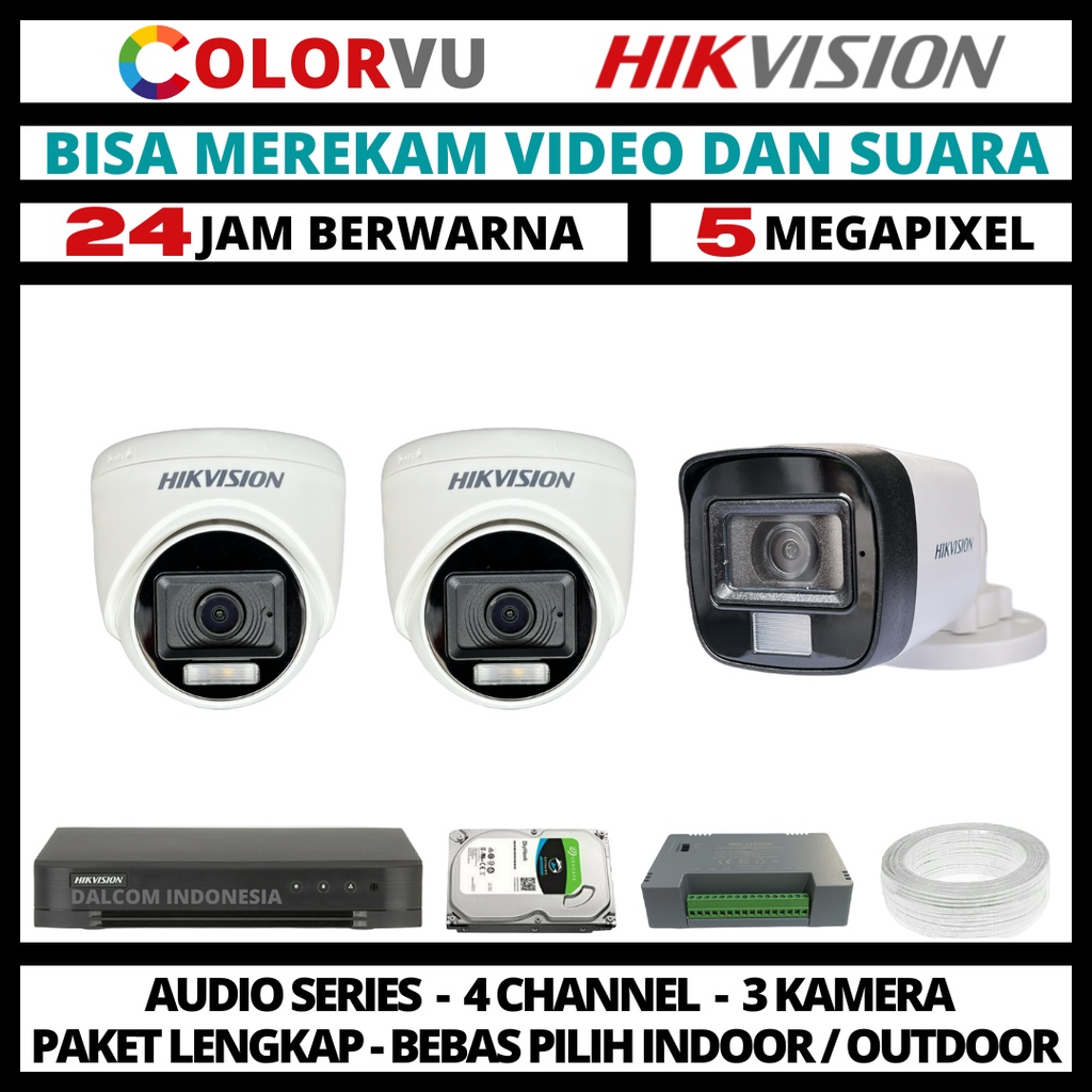 PAKET CCTV HIKVISION COLORVU 5MP 4 CHANNEL 3 KAMERA COLORFUL