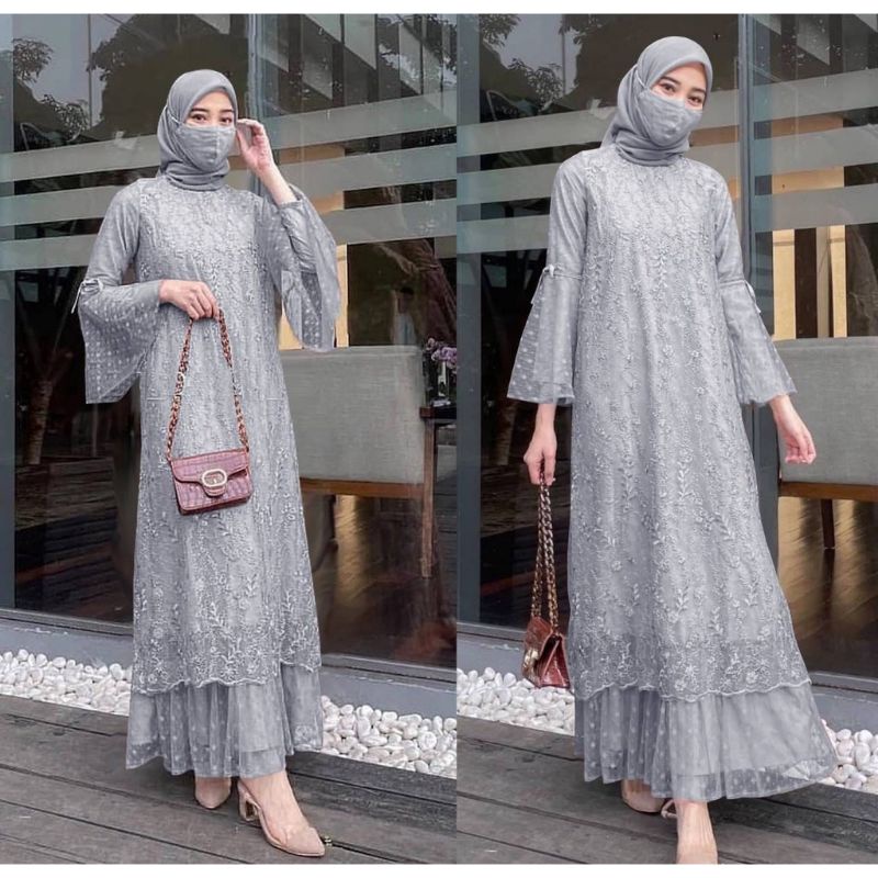 Baju Pesta Wanita Muslim Kondangan Brukat Mewah Elegan Model Kekinian Trend Lebaran 2023 Maxi Brokat