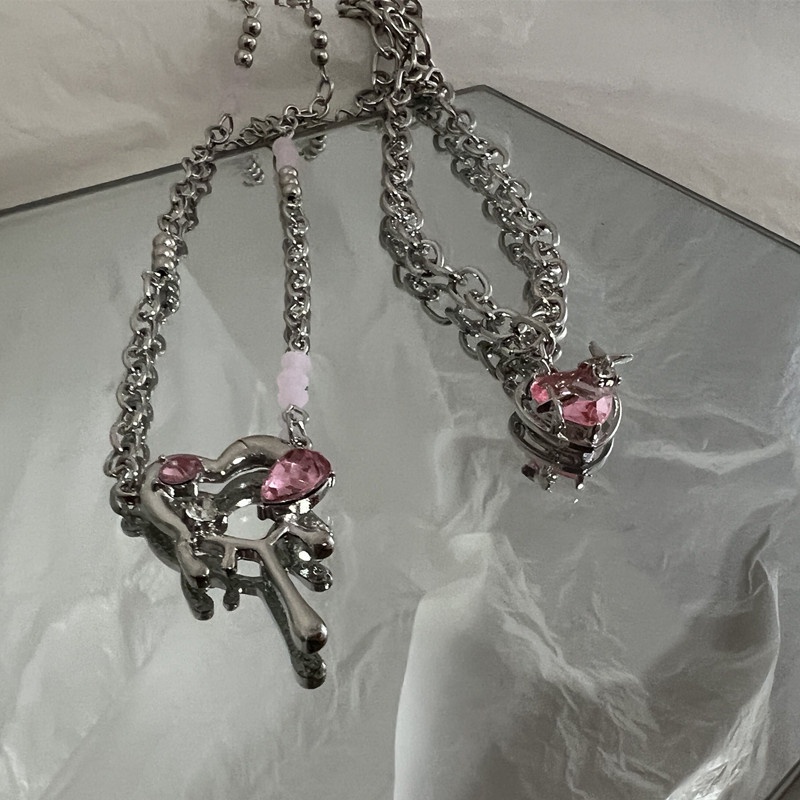 Kalung Rantai Klavikula Hias Liontin Hati Tetesan Air Kristal Warna Pink Untuk Perempuan