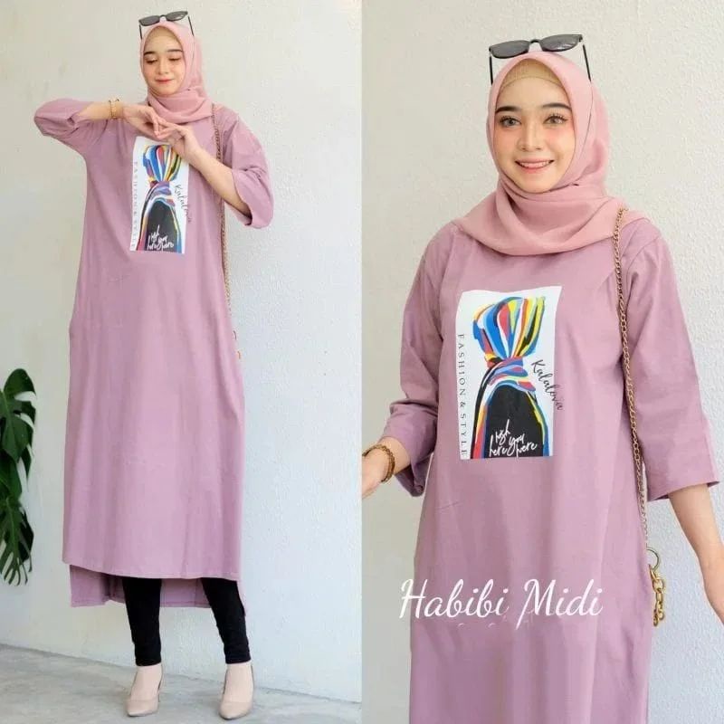 HABIBI MIDI DRESS BAHAN KAOS KATUN COMBED MOTIF POLOS  APLIKASI SABLON UKURAN M L XL DAN XXL BAJU MIDI DRESS WANITA TERBARU 2023 KEKINIAN / GAMIS MIDI DRESS KOREAN STYLE MUSLIM / LONG TUNIK WANITA JUMBO / KAOS WANITA LENGAN PANJANG