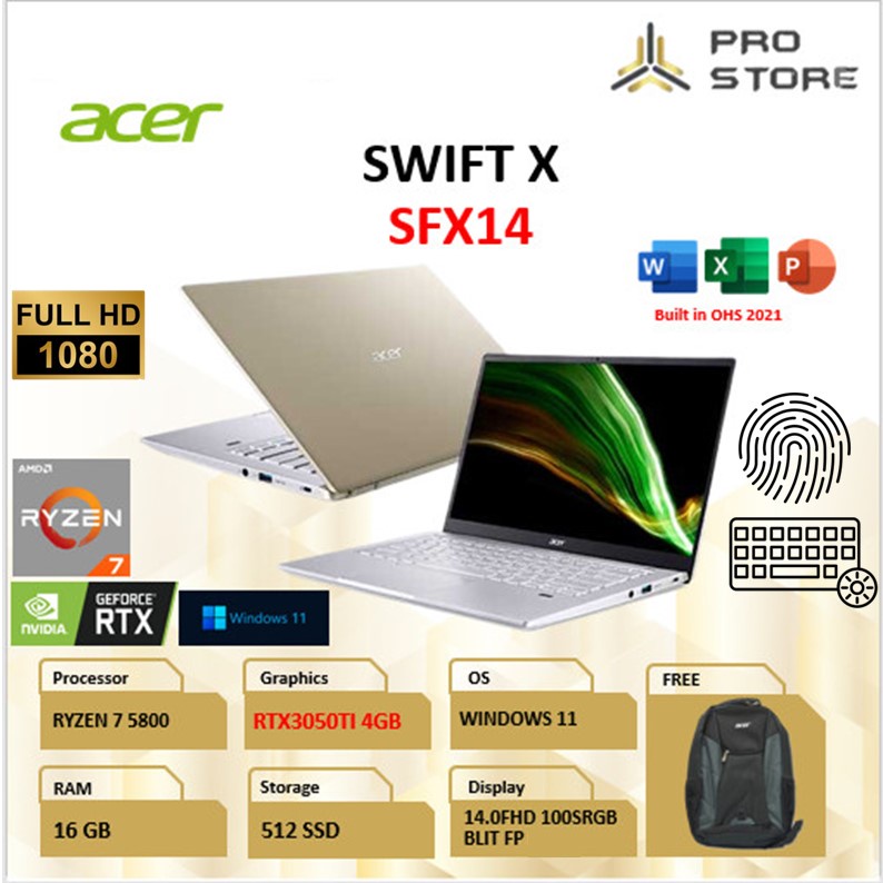 LAPTOP GAMING ACER SWIFT X SFX14 RTX3050TI 4GB FHD RYZEN 7 5800 RAM 16GB 512GB SSD W11