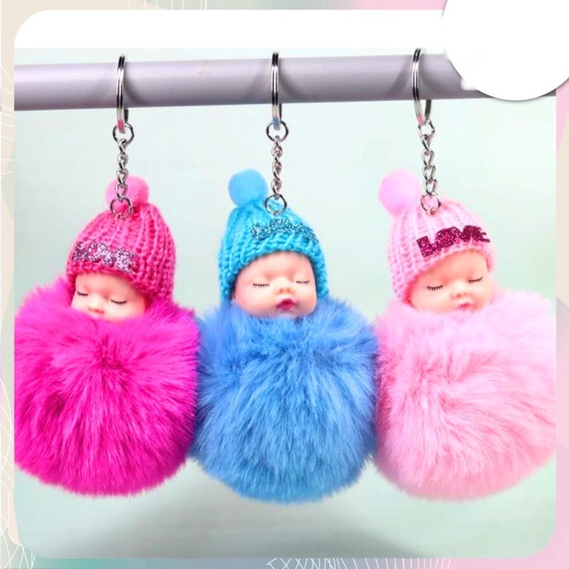 Twowood Gantungan Kunci Boneka Bayi Tidur Dengan Topi Rajut Fluffy Aneka Warna Untuk Wanita