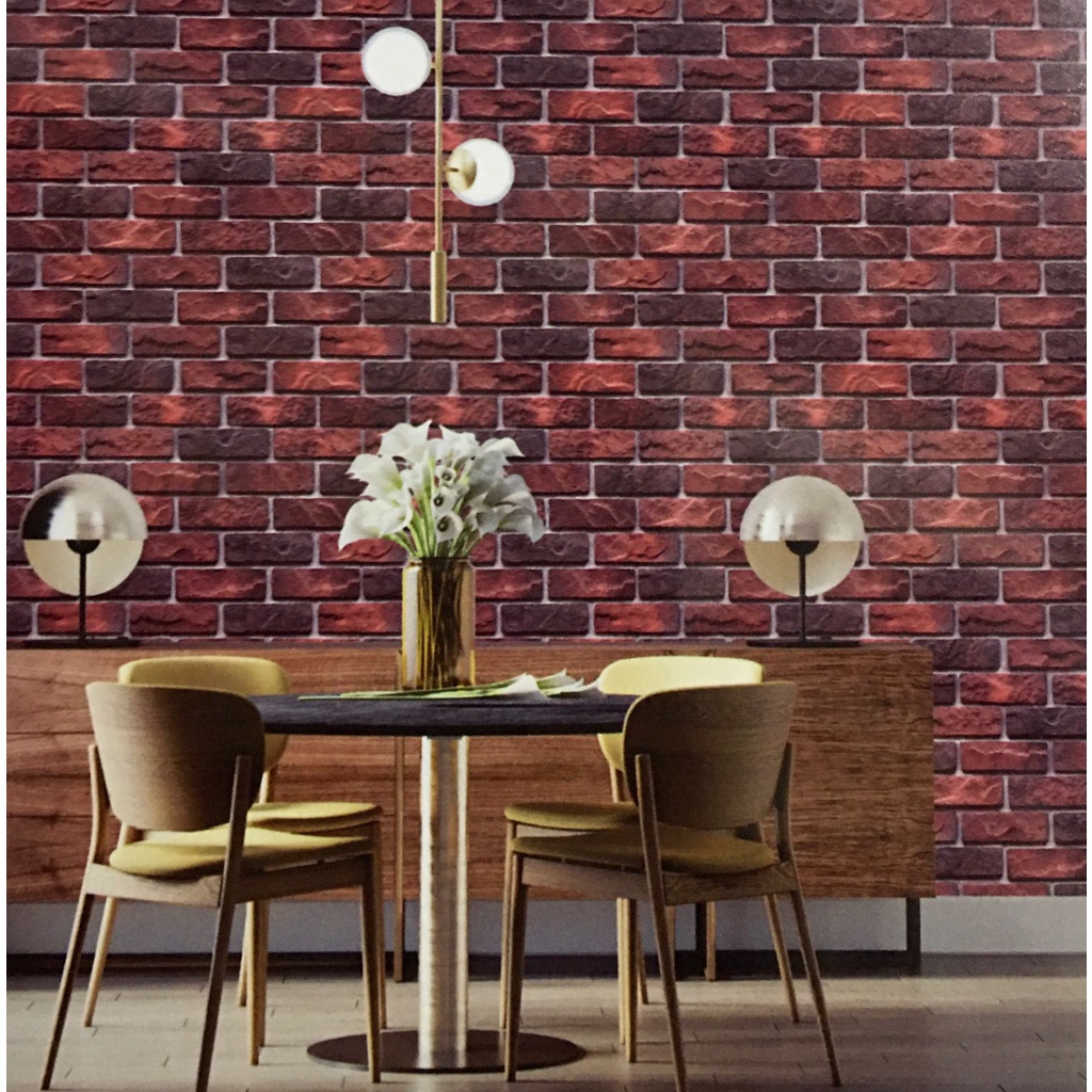 WALLPAPER DINDING BATU BATA 3D MERAH COKLAT LC