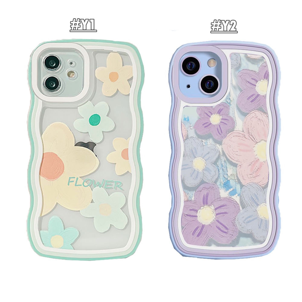 Realme 10 C55 C35 C33 C31 C30 Realme 9i 6i 5i 7i C15 C25sC12 C25 Realme C21Y C25Y C11 2021 C20 C3 C1 Wavy Frame Case Retro Ungu Putih Bunga Lembut TPU Shockproof Phone Cover BY