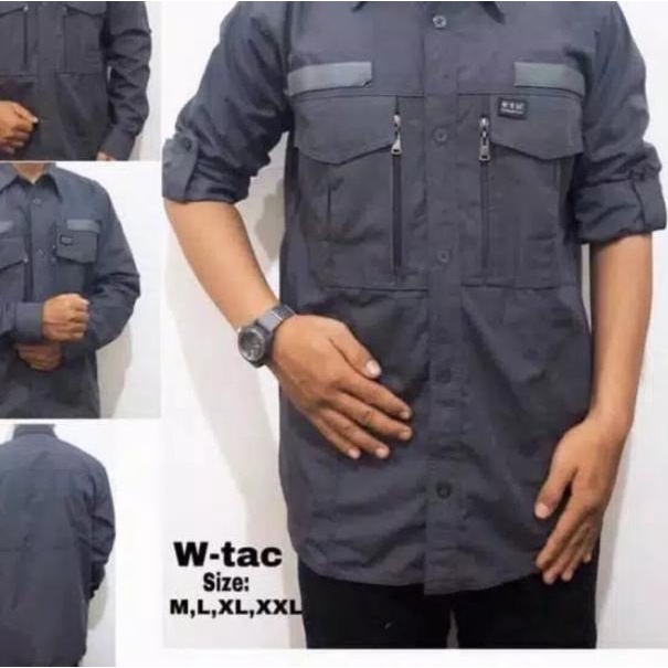 Baju Kemeja Pria Tactical WTAC Lengan Panjang Motif Polos Type Reguler - Abu-abu, M