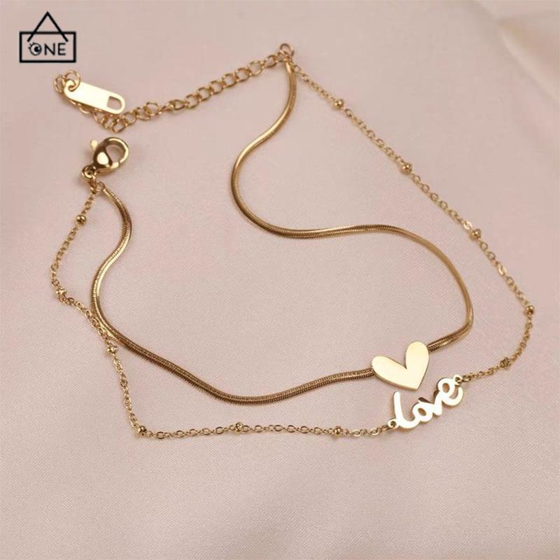 COD❤️Gelang Kaki Titanium 2 Layer LOVEHuruf Hati Anti Karat Emas 18k Aksesoris Wanita Korea-A.one