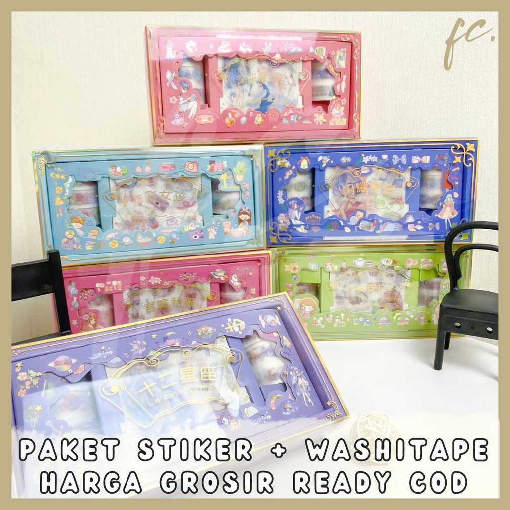 Pack 8 Lembar Pcs Glitter Sticker Box + 6 Roll Selotip Deco Washi Tape Stiker Set SZ-12 Waterproof P