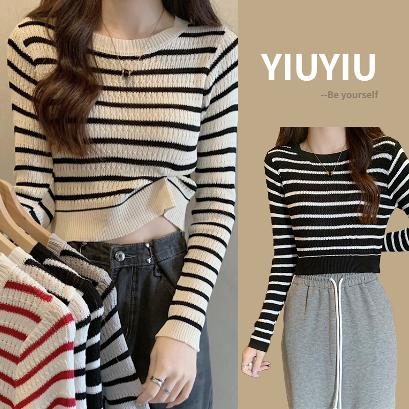 YIU YIU Rajut - Knitwear Stripe Top Korea Lengan Panjang Wanita