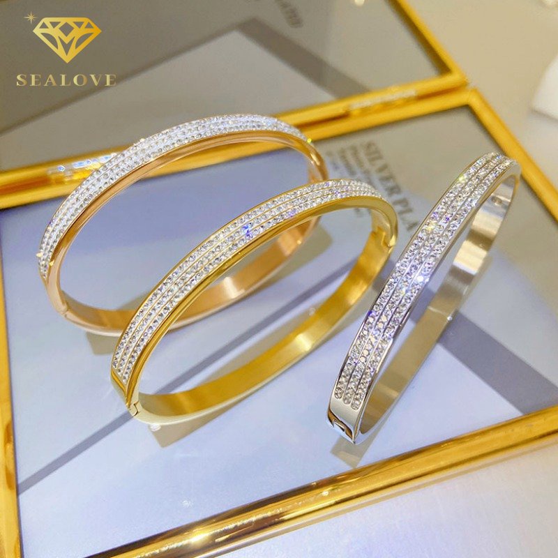 Gelang Titanium lapis emas 18k ANTI KARAT perhiasan 3Baris permata berlian hadiah wanita mewah