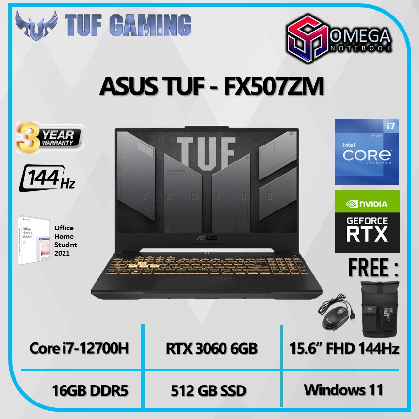 ASUS TUF FX507ZM RTX3060 6GB - Core I7 12700H 16GB 512SSD W11+OHS 15.6&quot;FHD 144Hz TGP140