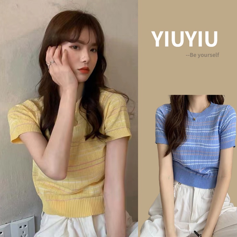 YIU YIU Rajut - Crewneck Knit Top Wanita Lengan Pendek Korea