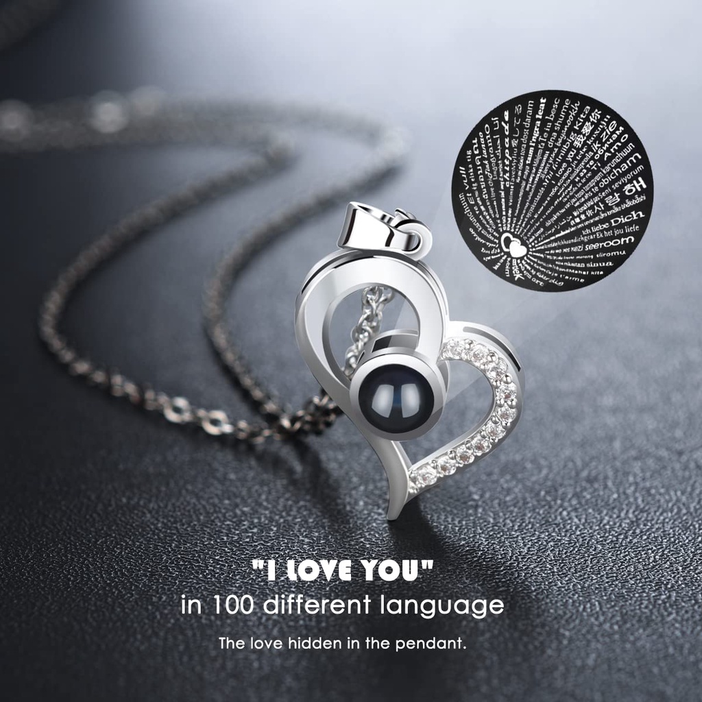 Topsopt  I Love You 925 sterling silver set Kalung anting-anting dalam 100 Bahasa, Hadiah Ulang Tahun untuk Wanita Pacar Ibu Nenek Istri pada Ulang Tahun Natal Dapat dicocokkan dengan kotak hadiah