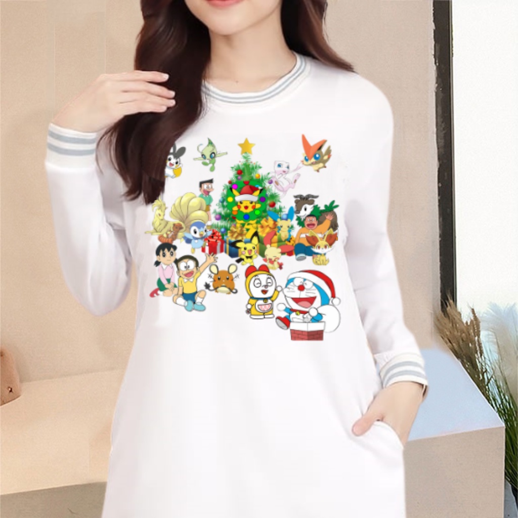 Mitoz Dress Putih Kaos Wanita Dewasa Lengan Panjang Motif Kartun Natal Pokemon Import Bangkok Premiu