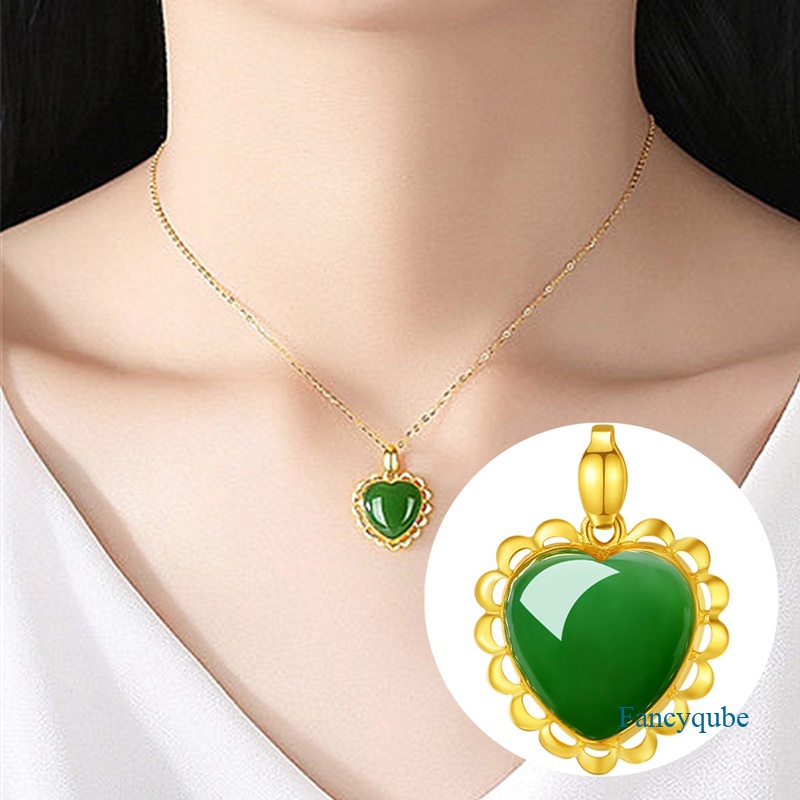 Fancyqube Kalung Liontin Giok Hetian Bentuk Hati Lapis Emas Untuk Wanita