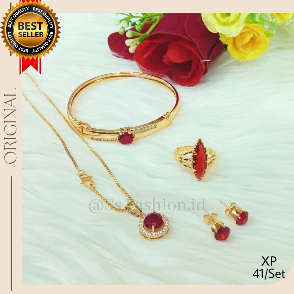 set perhiasan motif batu merah anti karat anti luntur 24 k terbaru