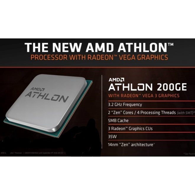 AMD ATHLON 200GE (Radeon Vega 3) 3.2 GHz Cache 4MB 35W Socket AM4