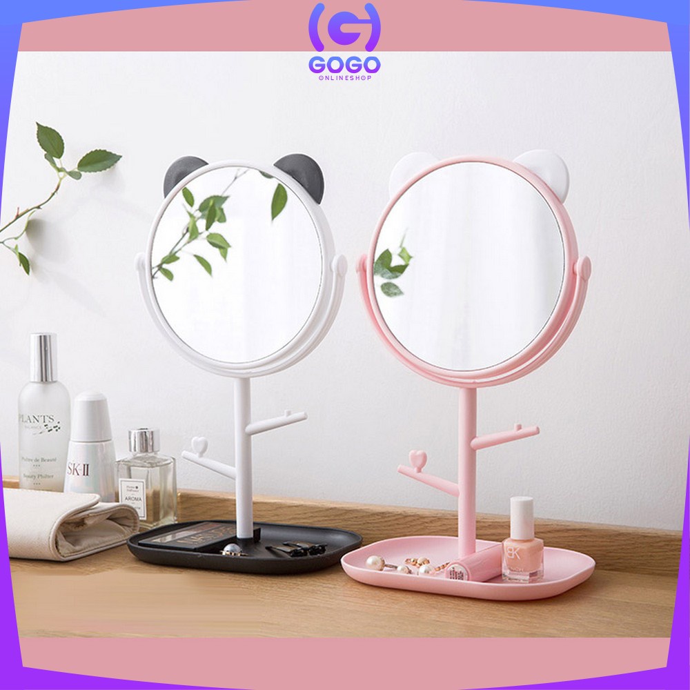 GOGO-K91 Cermin Motif Telinga Panda Serbaguna / Kaca Meja Rias Bulat Lucu / Standing Mirror Makeup Desktop Rotating Multifunction