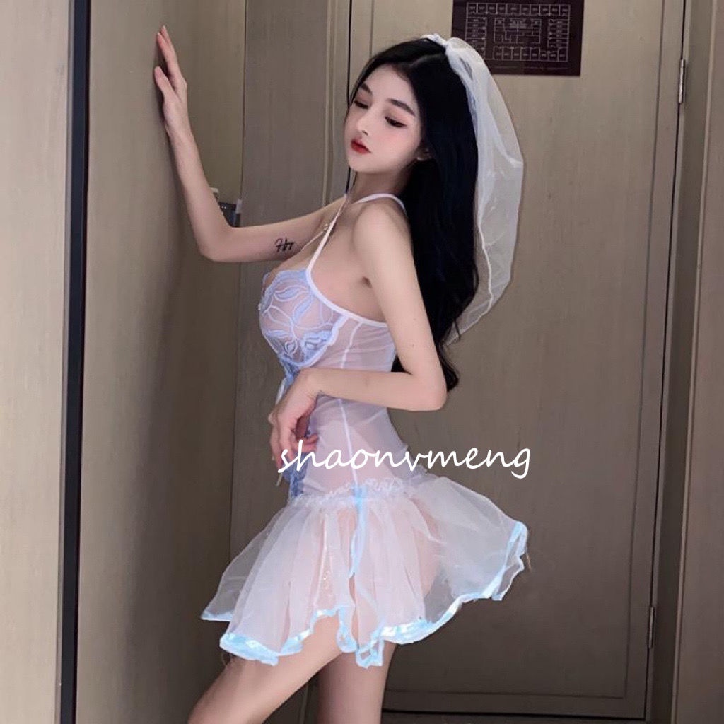 Suhao Girls  Dream: Putri Duyung * Gaun Suspender Jala Tembus Renda Seksi Set Gaun Kerut Berpotongan Rendah