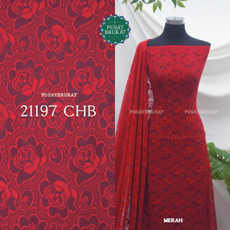 KAIN KEBAYA BRUKAT SOFIA KW / BAHAN BROKAT KAOS MOTIF BUNGA MERAH (RED) , LEBAR 150CM [harga per 0.5m]