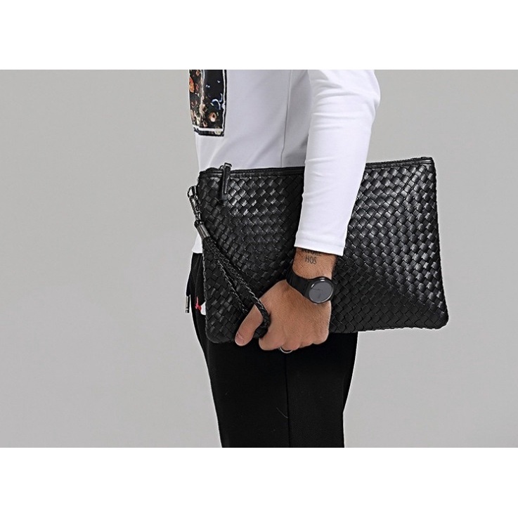 Tas Genggam Kulit Motif Anyam Kulit Leather Clutch Bag - 08 - OMFB4ZBK Black