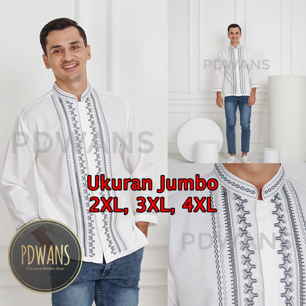 Baju Koko JUMBO BIG SIZE Poli Katun XXL XXXL XXXXL 2XL 3XL 4XL Lengan Panjang Putih Tulang Kemeja Koko Muslim Bordir PDWANS - SEPJG15JUMBO