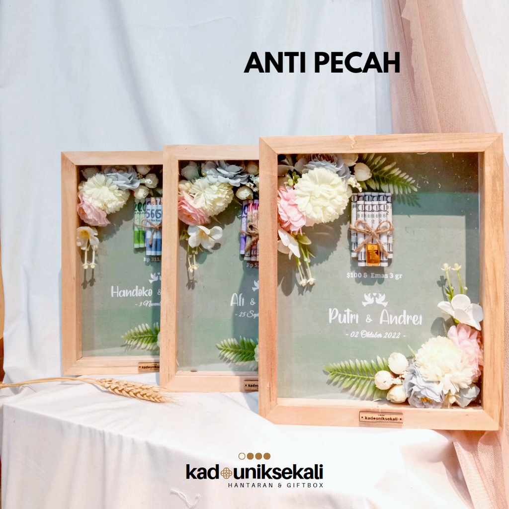 Bingkai Mahar Rustic Dried Flower Bunga Pastel 10R / Mahar Pernikahan / Frame Mahar 3D Pop Up - Kadouniksekali