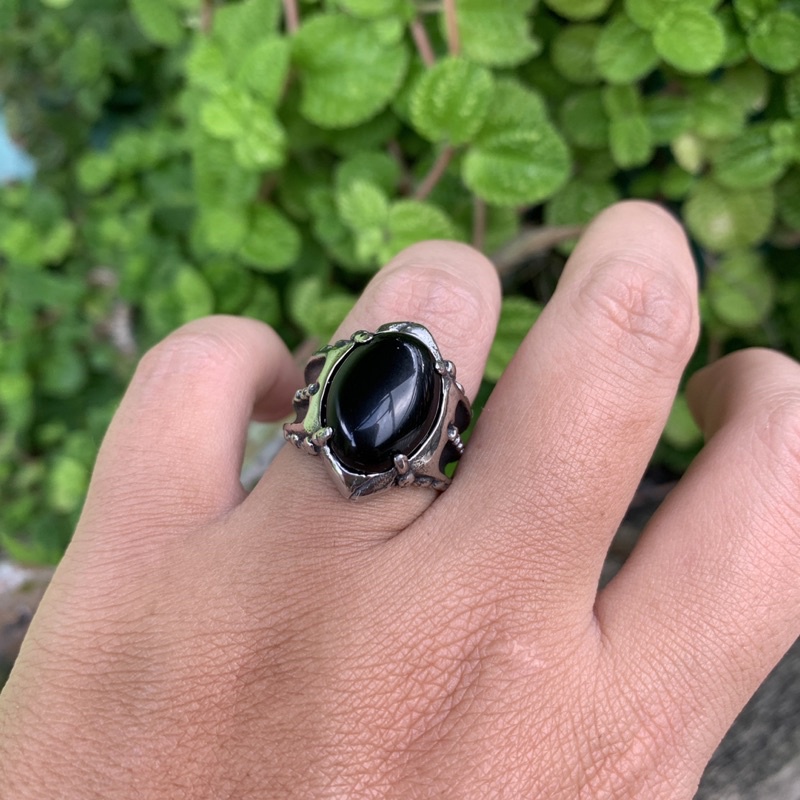 Cincin Pria Batu Black Onyx Ring Titanium Keren Cakar Naga