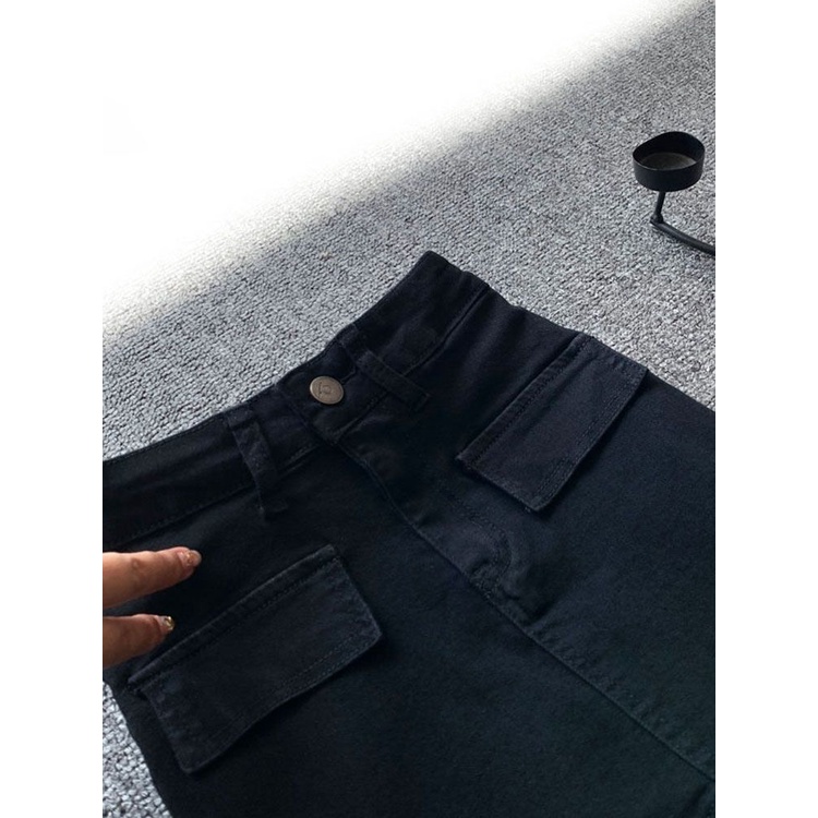 Suhao Ukuran Besar American Retro Elastis Berkobar Celana Jeans Wanita Palsu Dua Potong Rasa Desain Tinggi Pinggang Pelangsing Slim Berkobar celana