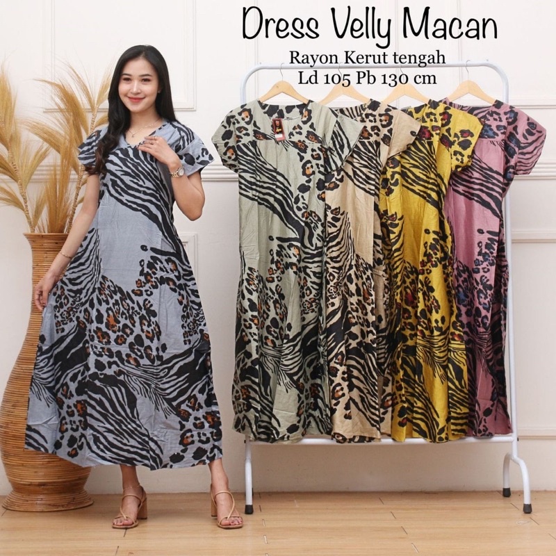 LONGDRESS DASTER PANJANG KEKINIAN KERUT BELAKANG VELLY MOTIF MACAN MODEL TERBARU DASTER CANTIK COD MURAH