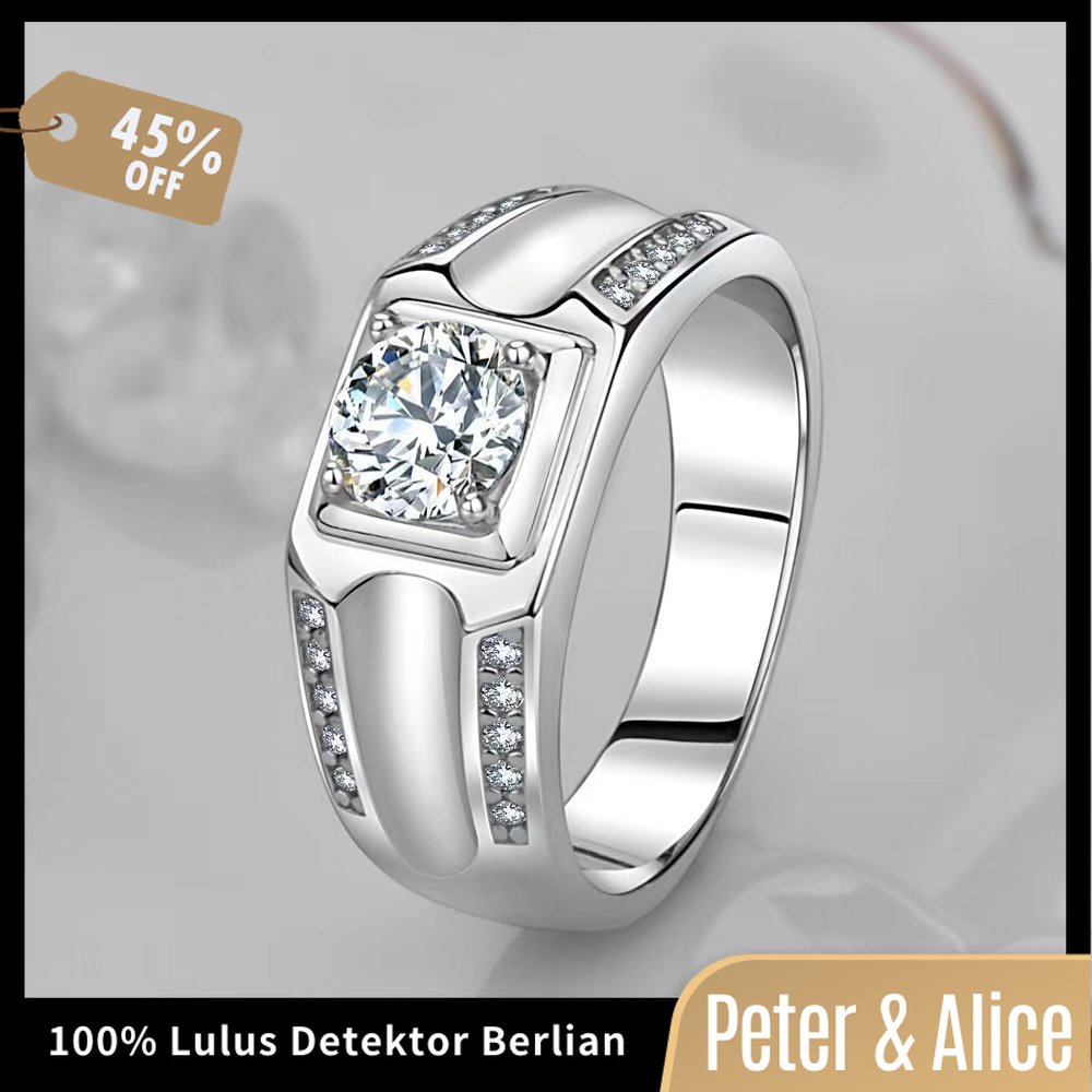 Peter & Alice Cincin Pertunangan Pria 1 Ct Moissanite,925 Platina Berlapis Perak