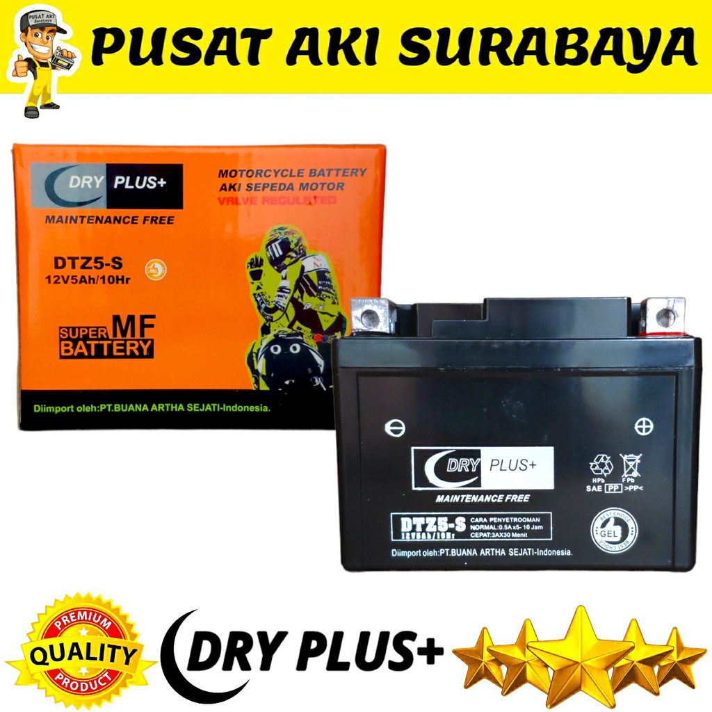 PUSAT GROSIR ACCU MOTOR KERING DRYPLUS DTZ5S 12V 5AH R15 MIO SOUL GT REVO FINO XEON AKI BERKUALITAS MTZ5S YTZ5S YTZ4V GTZ5S