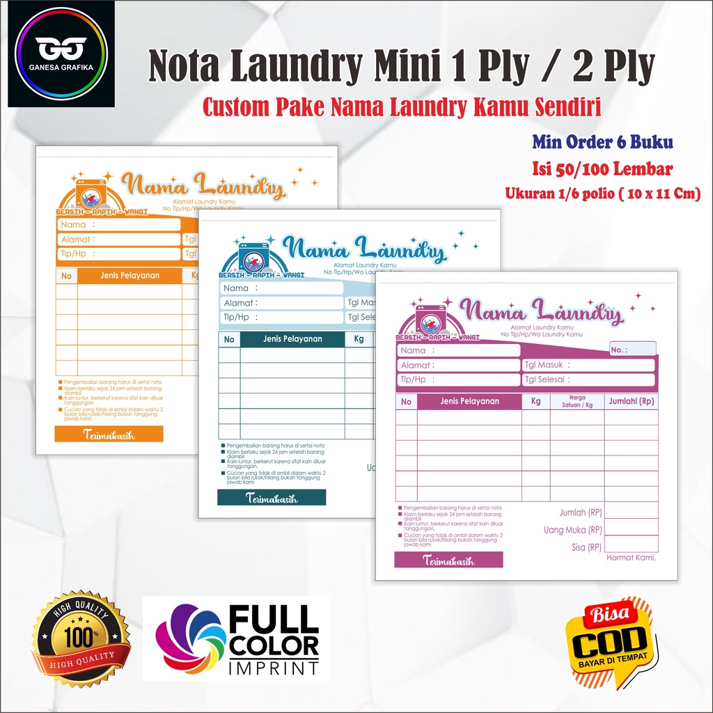

BISA COD | nota laundry mini ukuran 10 x 11 cm custom nama kamu sendiri | nota laundry 1 ply