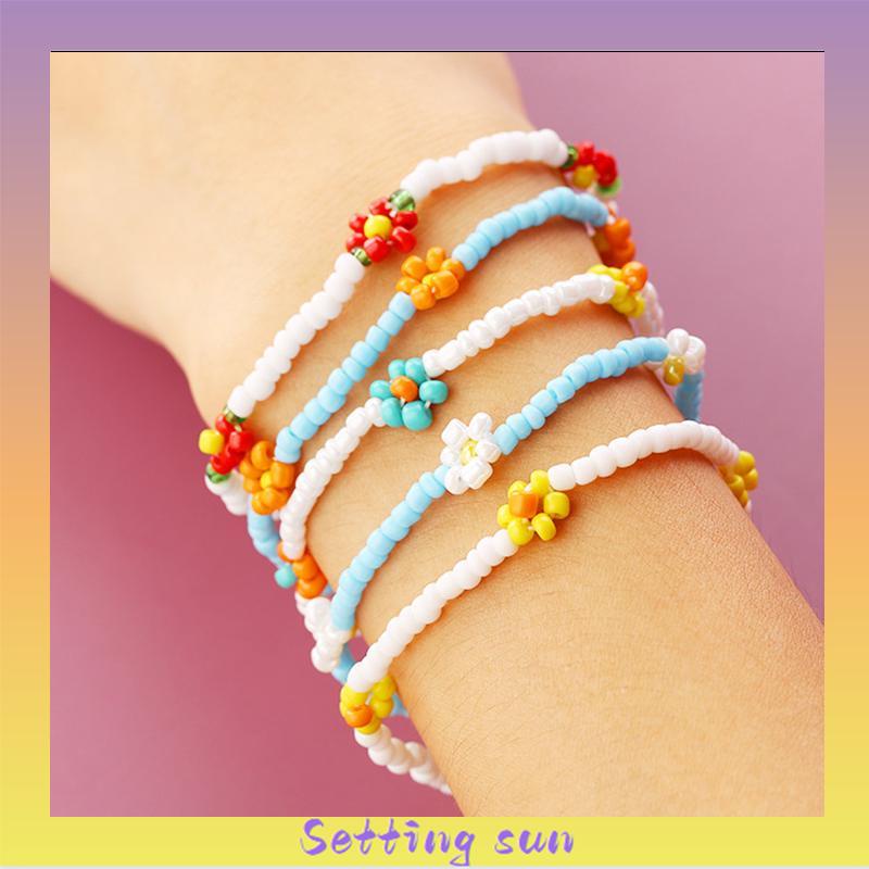 Anyaman gelang kaki manik-manik beras warna-warni Gaya pantai Bohemian daisy gelang kaki wanita TN