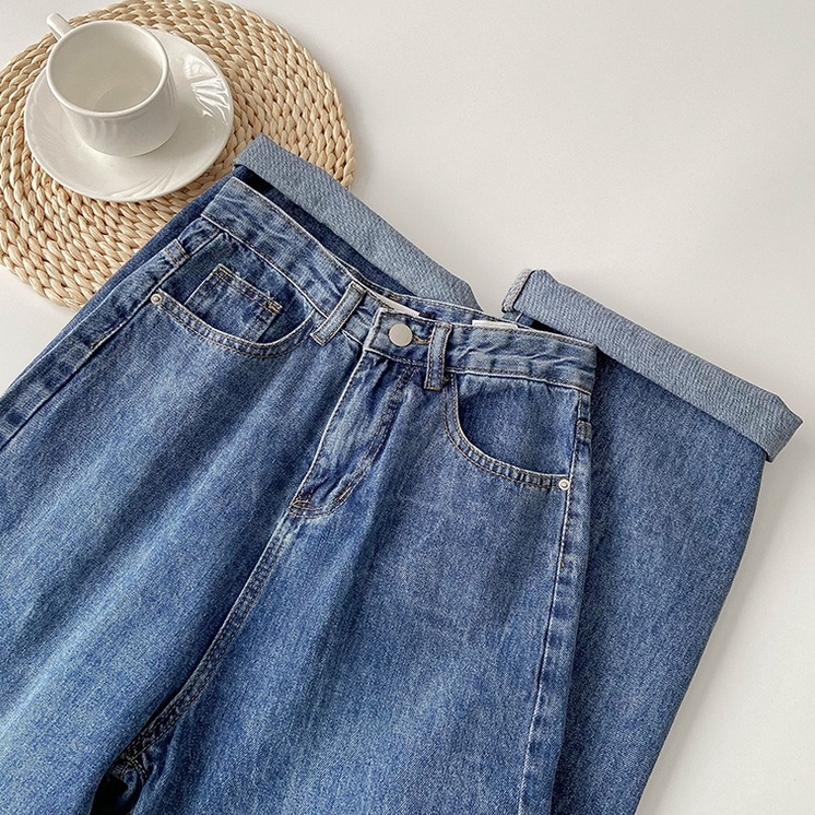 Biru laut Fashion Highwaist Loose Lebarkaki Celana Jeans Panjang Wanita （Realpict）