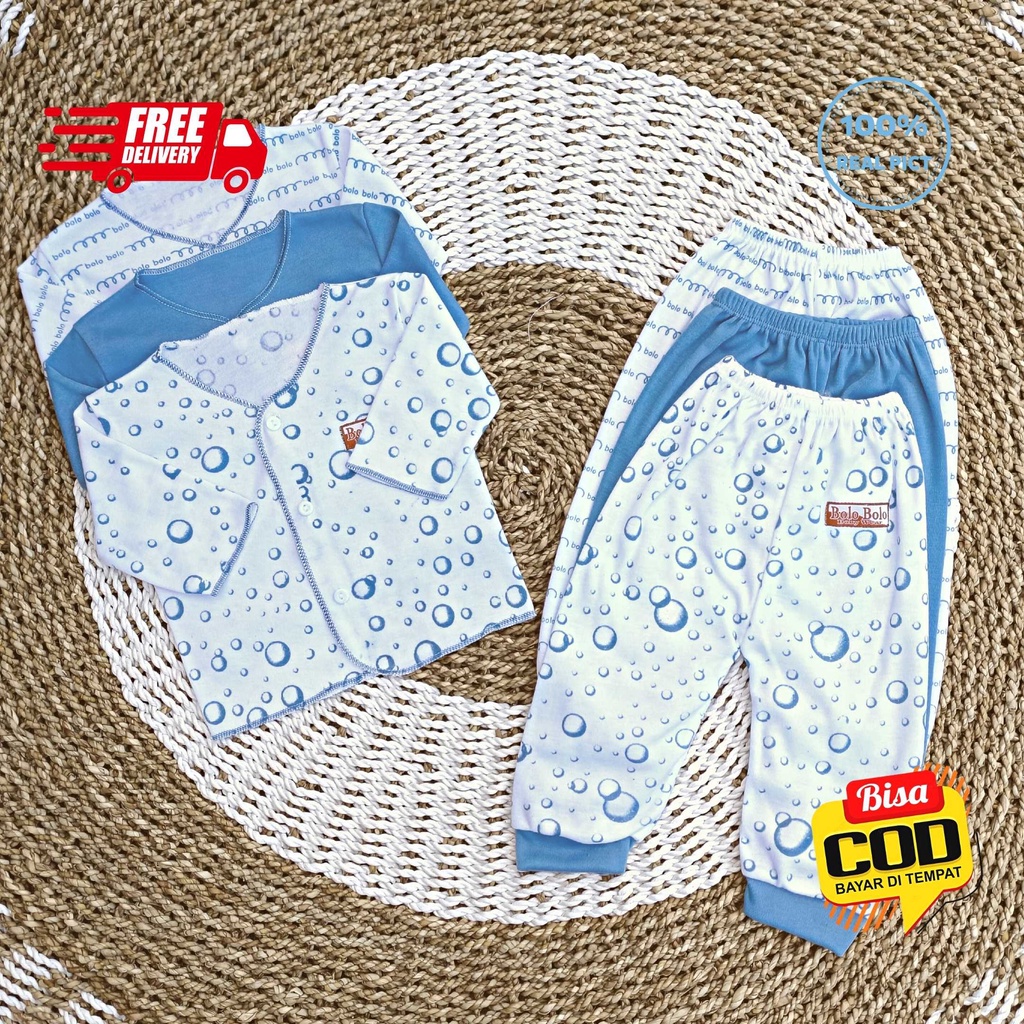 SALE 7.7 Serian Biru - 3 Stel Setelan Baju Bayi Tangan Panjang Celana Panjang Bayi 0 sd 3 Bulan BLUE SEA SERIES merk SNI Bolo - Bolo