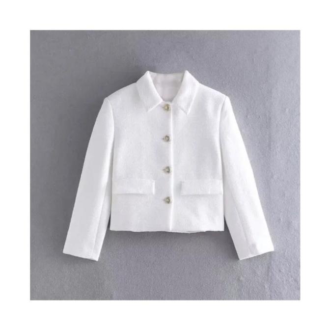 Blazer Pendek Wanita Casual Smart Putih Collar Tweed Storaadina