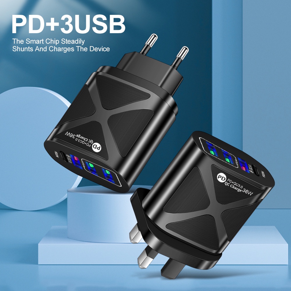 Adapter Power Charger 36W QC3.0 + PD 4 Port Usb + PD Portable Untuk Iphone / Android