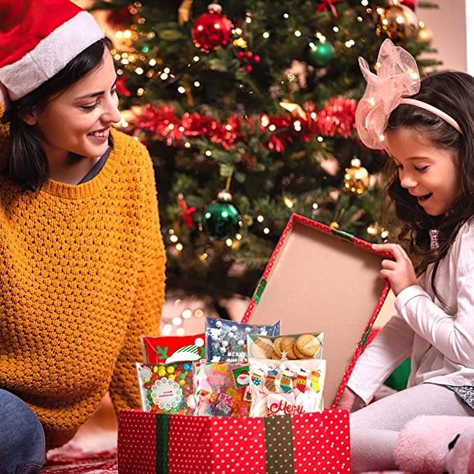 100pcs Kantong Permen / Kue / Biskuit / Snack Motif Natal Dengan Perekat Navidad