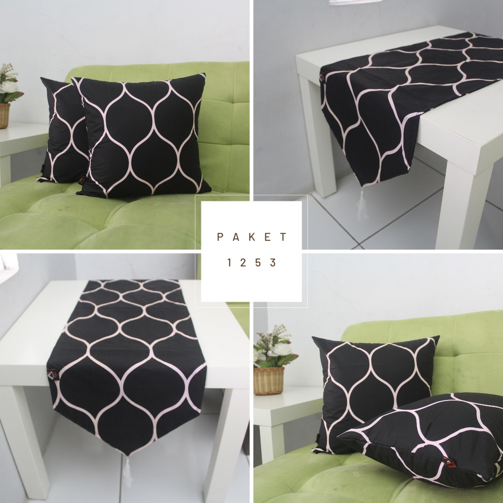 KREA Paket Sarung Bantal Motif Ukuran 40x40 4 PCS + Taplak  2 PCS - Kain Katun PAKET NAVY