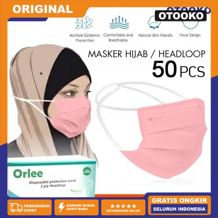 Masker 3 Ply 3ply Headloop Hijab Orlee Original Pink isi 50