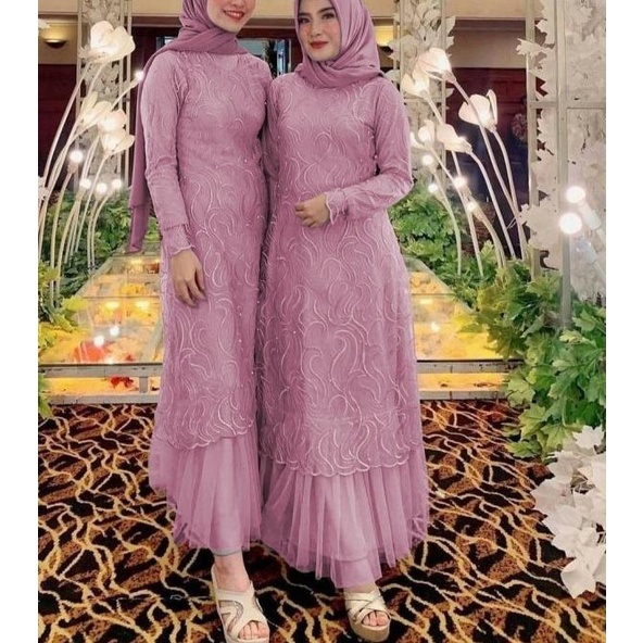 Gamis remaja motif tille mutiara lengan panjang - MX GERALDINE - XL - - coklat susu, M