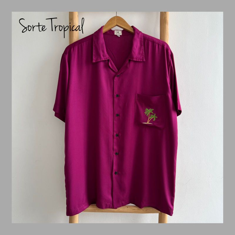 Hem Baju Kemeja Pantai Hawaiian Pria Wanita Casual Plain Polos Magenta - Bordir Coconut Tree Exclusive Edition