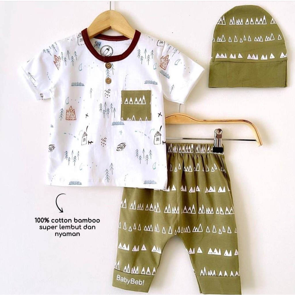 Baju bayi bahan adem / setelan bayi bertopi 6 bulan - 18 bulan