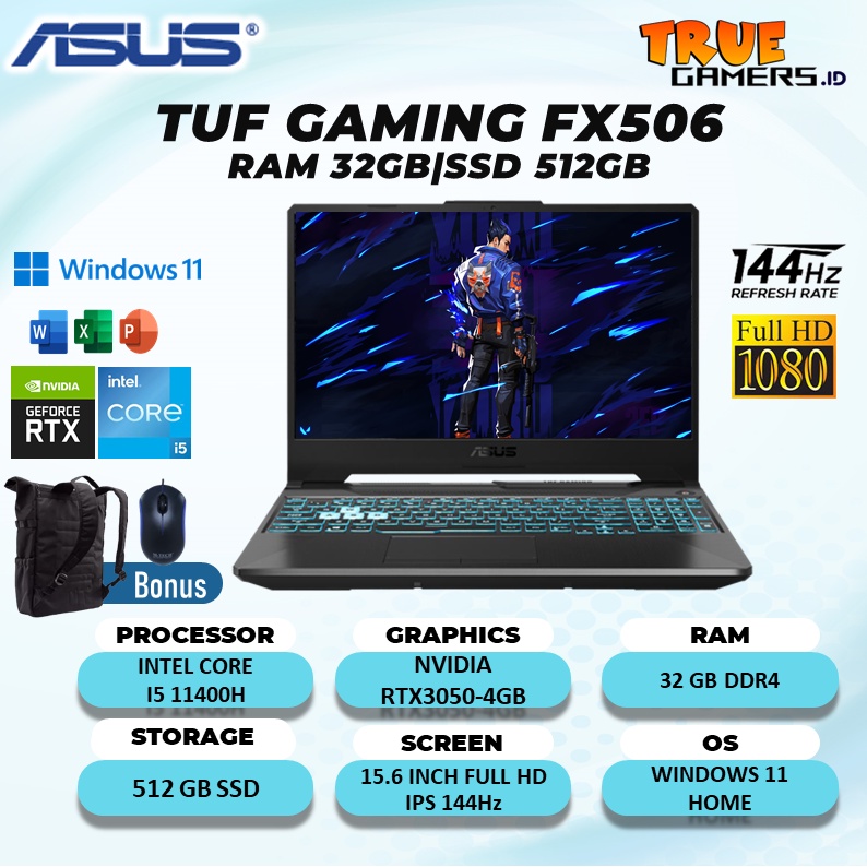 LAPTOP GAMING ASUS TUF FX506 RTX3050 4GB I5 11260 RAM 32GB 512SSD  W11 15.6 FULL HD 144Hz