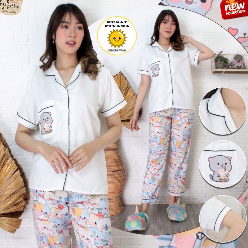 Piyama Baju Tidur Wanita Kombinasi Putih  Bagian 1 Lengan Pendek Celana Panjang Pajamas Cewek Kekinian Lucu unik Trend Kekinian Bahan Katun