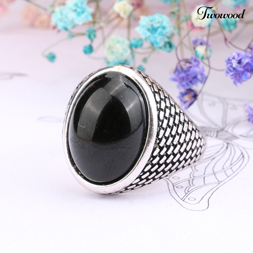 Cincin Batu Permata Buatan Bentuk Oval Gaya Vintage Punk Gothic Untuk Pria