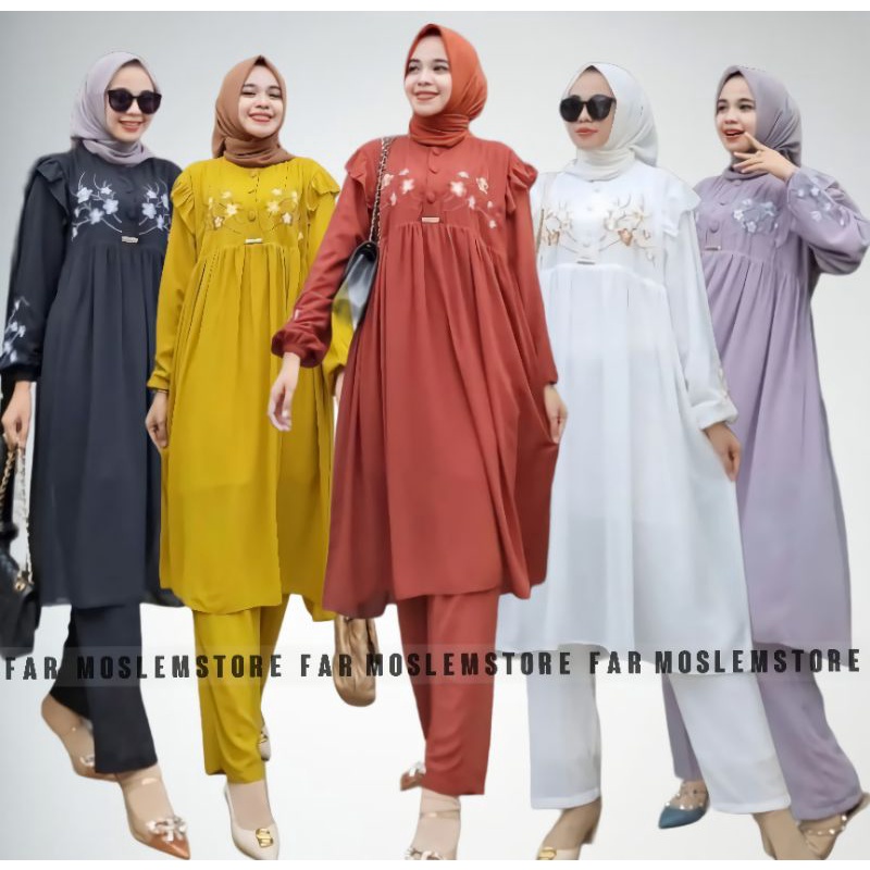 NAMI ONE SET CRINKLE PREMIUM APIKASI BORDIR/SETELAN MUSLIM WANITA JUMBO/LILONA SET TUNIK + CELANA POLOS MIX BORDIR/FAR MOSLEMSTORE